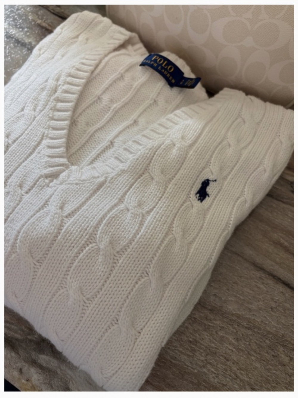 Ralph Lauren V Neck White Cable Knit Sweater